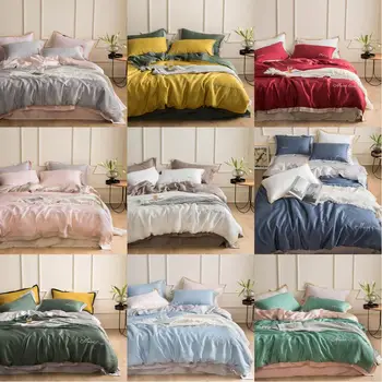 

2019 Solid Simple Scandinavian Artificial Silk Bedlinens Embroidery Bedding Set Queen King Size Duvet Cover Set Pillowcases