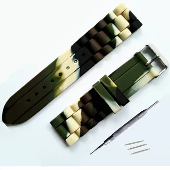

12 14 16 18 20 22 24mm Camouflage Silicone Watchband Rubber Strap Watch Parts Watch Band Buckle + Tool