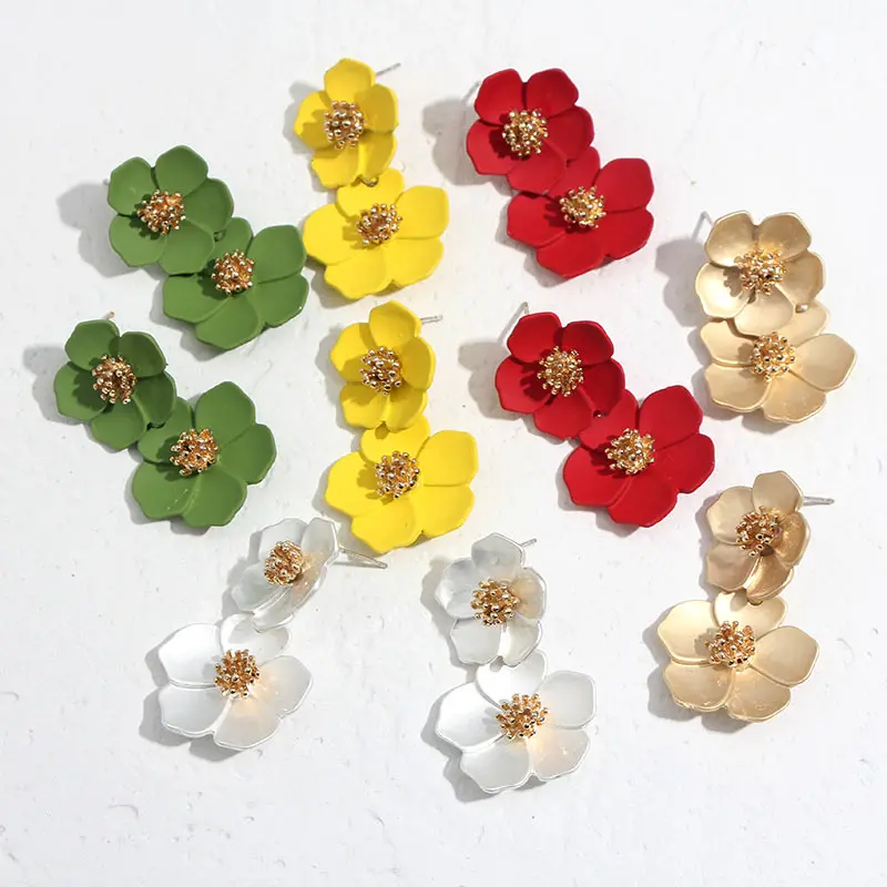 

JJFOUCS Bohemian 5 Color Flowers Drop Earrings For Women Ethnic Double layer Spray Paint Statement Metal Dangle Earring Jewelry