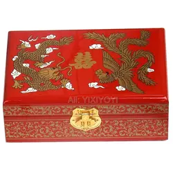 Древняя китайская ручной работы деревянная 2 Слои изображениями драконов и феникса; хранения шкатулка с зеркалом Великолепные Ювелирные