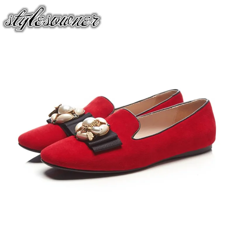 

Stylesowner New Arrival Spring Summer Casual Flat Shoes Kid Suede Red Black Color with Pearl Popular Design Sweet Flat Shoes
