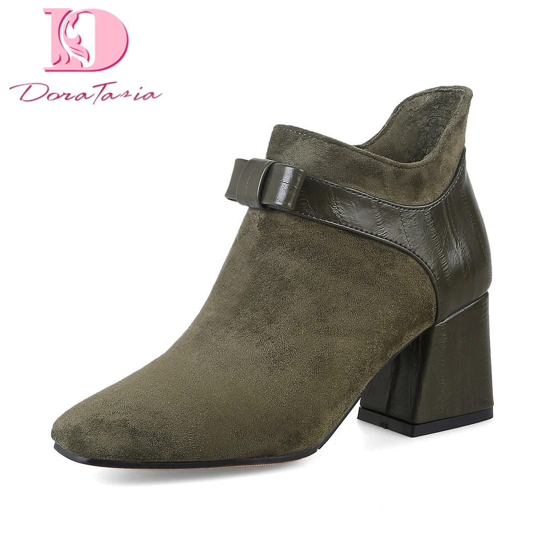

Doratasia Plus Size 32-48 Zip Up Sweet Bowtie Ankle Boots Woman Shoes Chunky Heels Black Red Elegant Boots Female Shoes Women