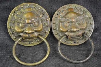 

Copper Brass Exquisite Collectible A Pair of Elaborate Chinese Old Decorated Copper Lion Head Exorcise Door Holder Statues