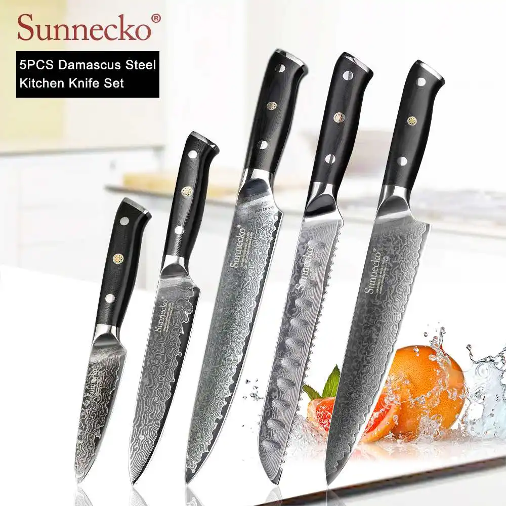 SUNNECKO дамасский нож шеф-повара Santoku для нарезки овощей нож для стейка нож для хлеба Дамасская сталь набор кухонных ножей G10 Ручка - Цвет: 5pcs Set C