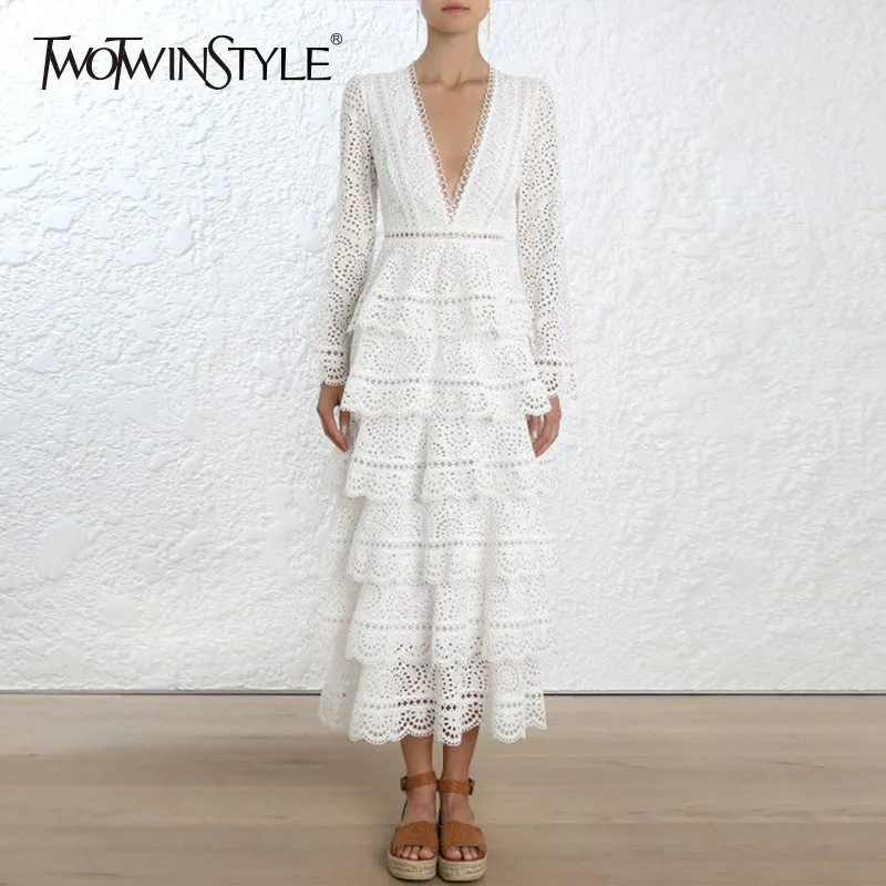 

TWOTWINSTYLE Hollow Out Dresses For Female Lace V Neck High Waist Ruffles Flare Sleeve Midi Dress Women Vintage Autumn Clothing