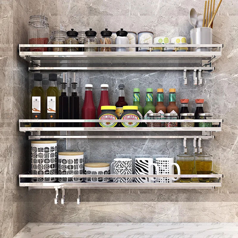 304 Stainless Steel Kitchen Shelf Wall Mounted Drill Free Condiment Rack Space Save Kitchen Wall Hanging Punch Free Shelf Racks Holders Aliexpress