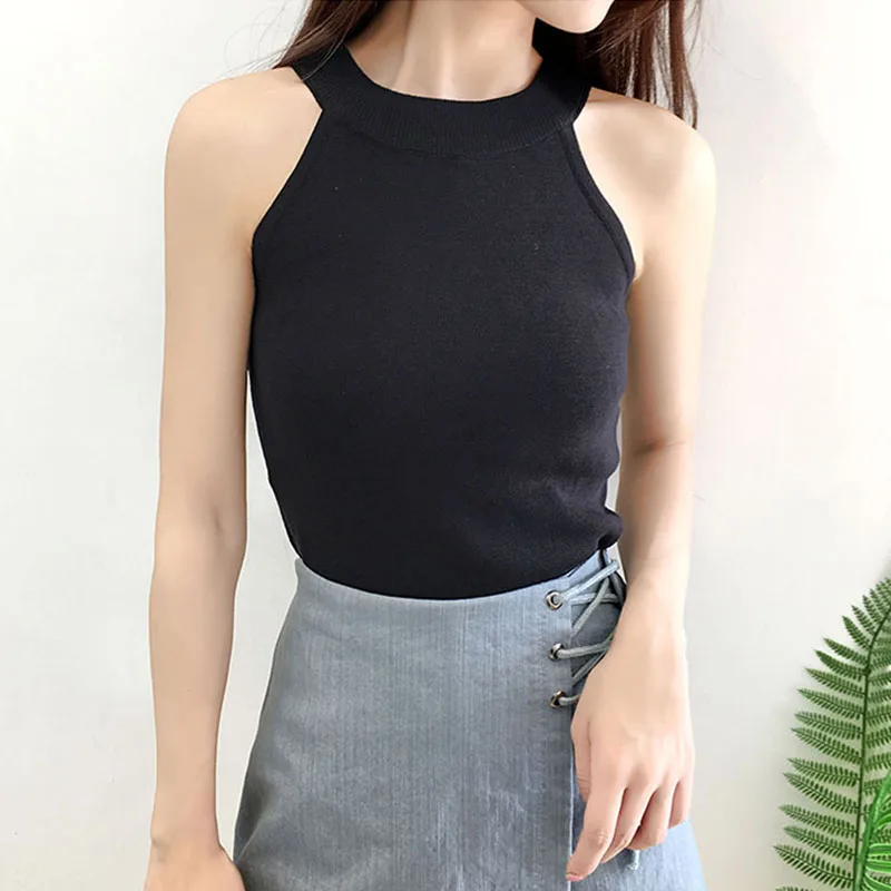 

1PC Solid Color Hanging Neck Short Section Knit Vest Slim Stretch Short Straight Sling Tops