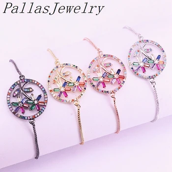 

10Pcs Rainbow CZ Micro Pave Multi Cubic Zirconia Round Flower Shape Adjustable Bracelet Charm Women Jewelry