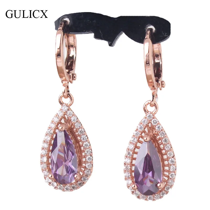

GULICX Brand 2017 Long Dangle Earring Jewelry Rose Gold Color Purple Teardrop Dangle Wedding Earing for Women E050