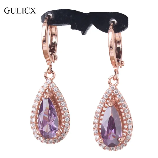 Gulicx Brand 2017 Long Dangle Earring Jewelry Rose Gold Color Purple Gulicx Brand 2017 Long Dangle Earring Jewelry Rose Gold Color Purple Teardrop Wedding Earing For