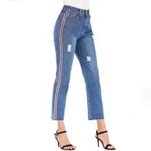 Европейская лента рваные джинсы женские джинсы с высокой талией темно-синие потертые прямые женские брюки женские джинсы