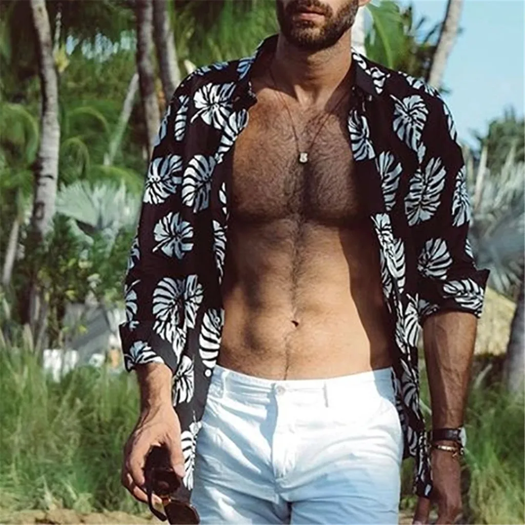 Мужская рубашка Летняя Пляжная тропическая печатная рубашка мужская повседневная с длинным рукавом мужская гавайская рубашка уличная одежда рубашки