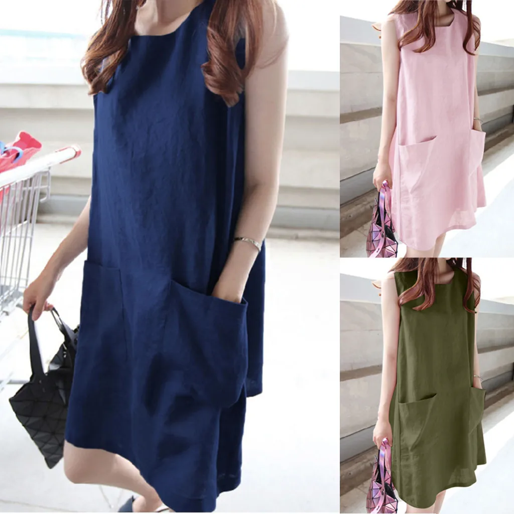 

Exquisite Fashion Women O-neck Sleeveless Solid Loose Pockets Cotton Linen Casual Dress Solid Vestido Harajuku #by
