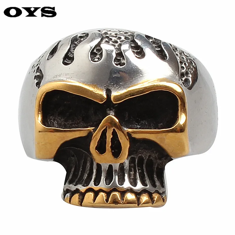 Wholesale 316L Stainless Steel High Quality Ring Cool Biker Flame Skull Heavy Metal Punk Fashion Jewelry Silver Gold Ring