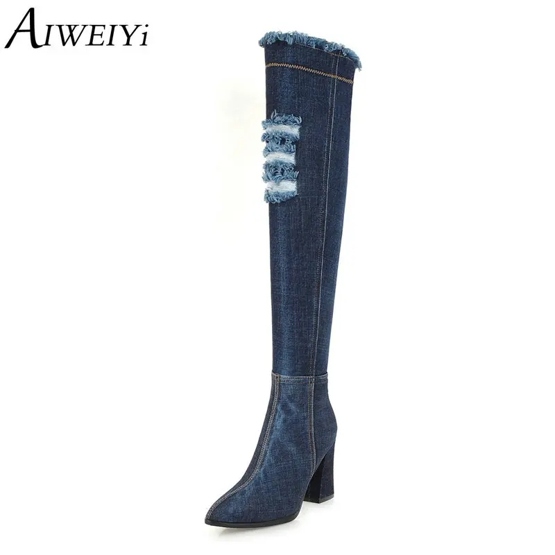 

AIWEIYi Over the Knee Boots for Women Denim Skin Square Heel High Heels Basic Shoes Pointed toe Short Plush Winter Boots
