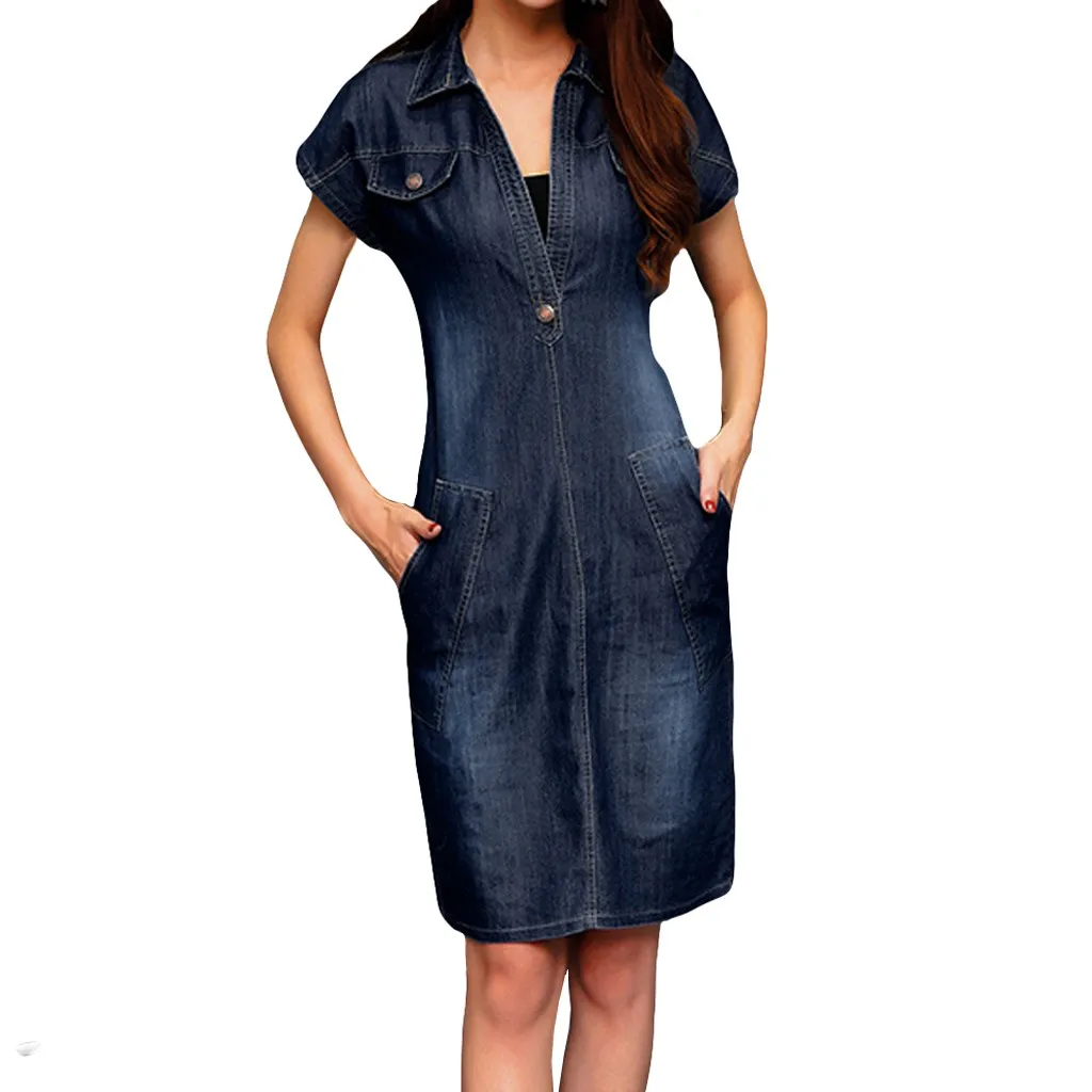 Модное женское летнее повседневное джинсовое свободное платье с отложным воротником и коротким рукавом длиной до колена Vestidos Красивая индивидуальность OY41