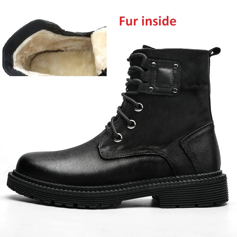 Fur inside black Мужские мото-ботинки; уличные армейские ботильоны; мужские кожаные военные ботинки в стиле пустыни; тактические ботинки; Черный армейские ботинки; Уокер пик - Цвет: Fur inside black