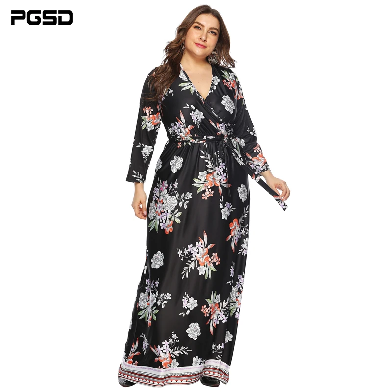 

PGSD New Autumn Winter casual Retro Flower Printed Long Sleeve Deep V Neck Bandage Dress female Big Size 4XL Plus Women clothes