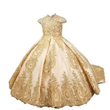 

Gold High Neck Flower Girls Dresses Beading Cystals Ball Gown Skirts For Children 2020