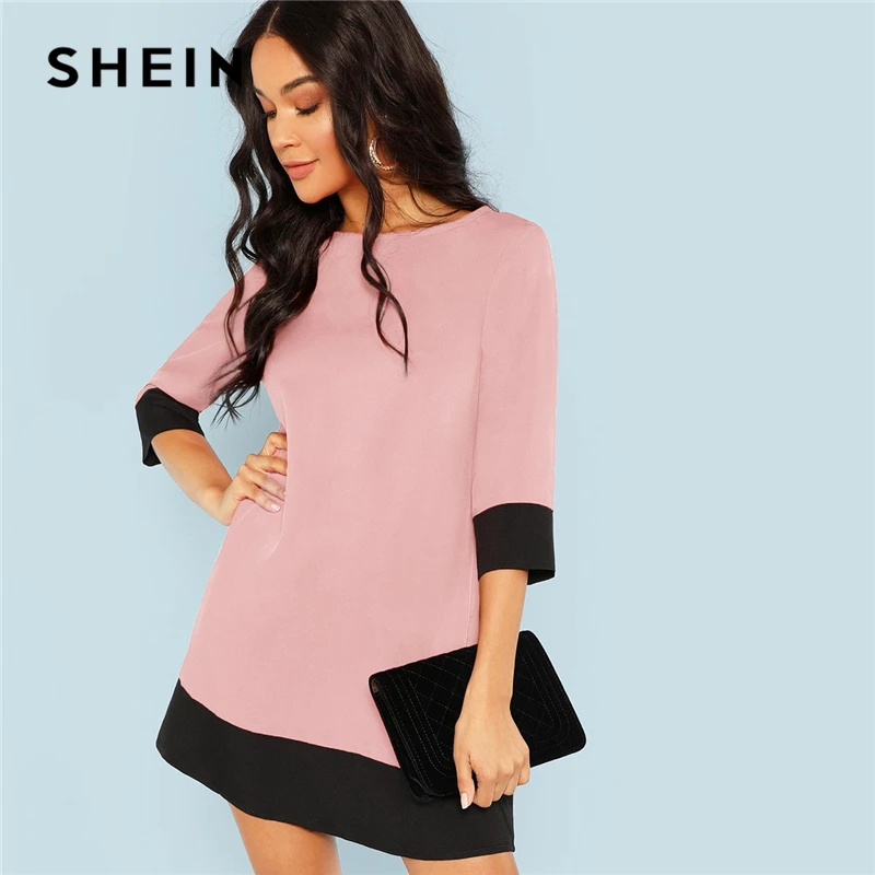 En Ligne SHEIN rose bureau dame Colorblock contraste garniture tunique o cou 3 4 manches droite robe automne vêtements de travail élégantes femmes robes