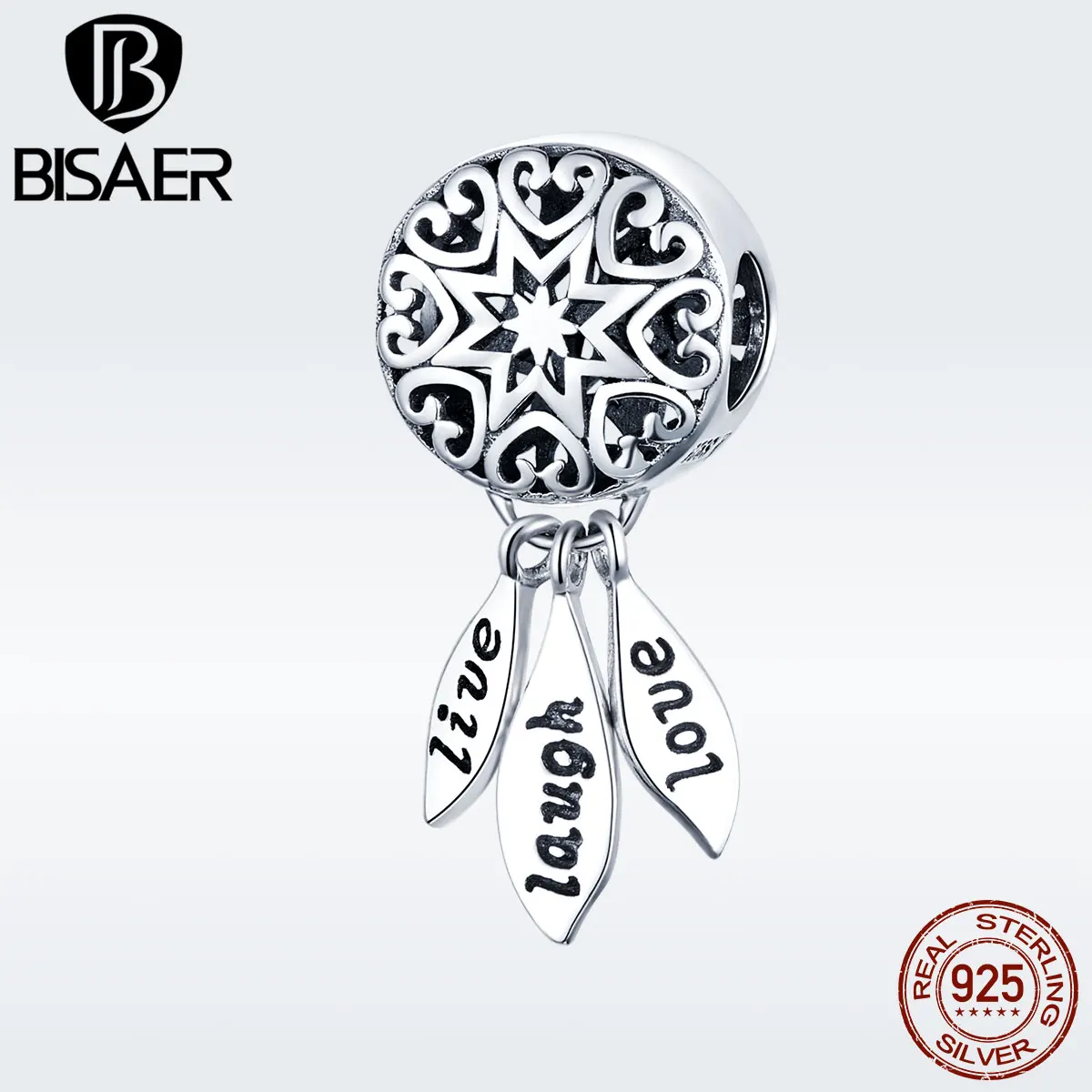 

BISAER 925 Sterling Silver Round Metal Beads for Charm Bracelet Live Laugh Love Courage Fashion Jewelry Gifts for Girl GXC1128