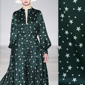 

108CM Wide 19MM Stars Print 93% Silk & 7% Spandex Stretch Ink Green Silk Satin Fabric for Summer Dress Cheongsam Pants B151