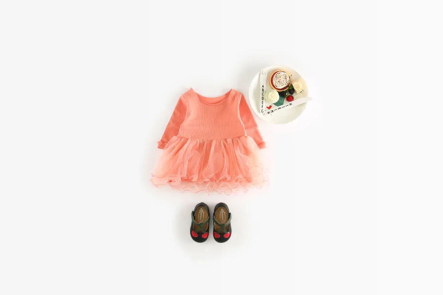 Платье для маленьких девочек весенние платья принцессы из тюля с круглым вырезом и сеткой для выпускного вечера однотонные розовые, черные, белые платья с длинными рукавами - Цвет: Оранжевый