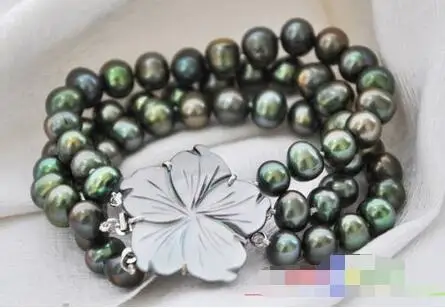 

FREE SHIPPING HOT sell new Style >>>>p3321 BEAUTIFUL 3row 8" 9mm green round freshwater cultured pearl bracelet
