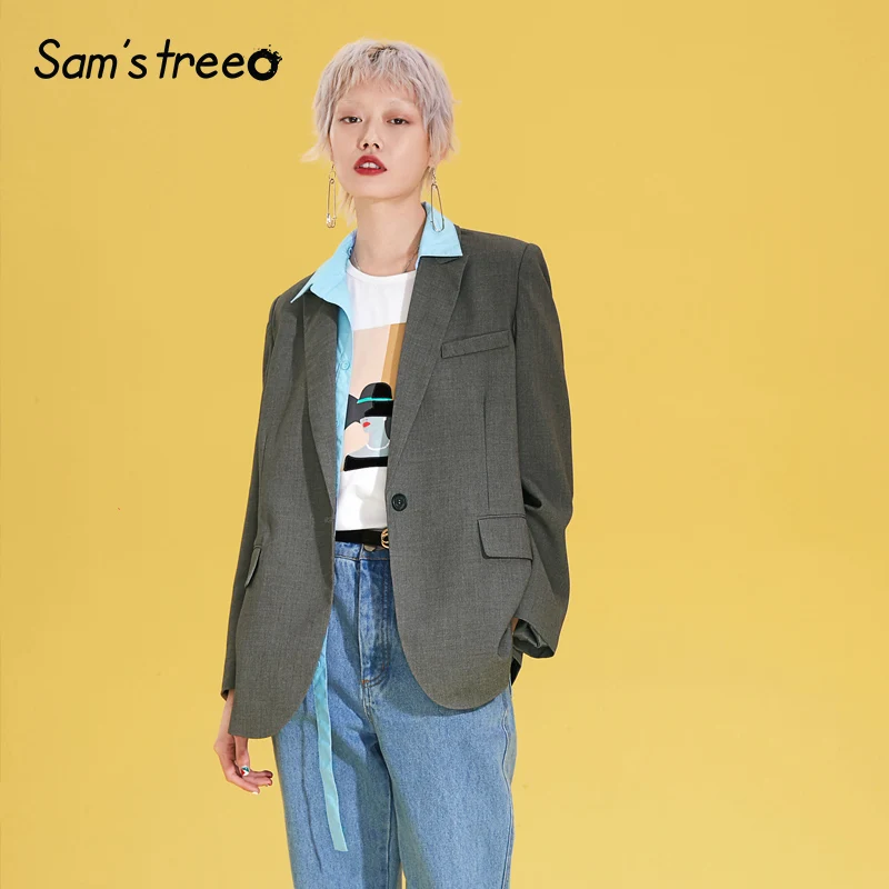 

Samstree Solid Patchwork Minimalist Workwear Blazer Women 2019 Autumn British Office Ladies Outerwear
