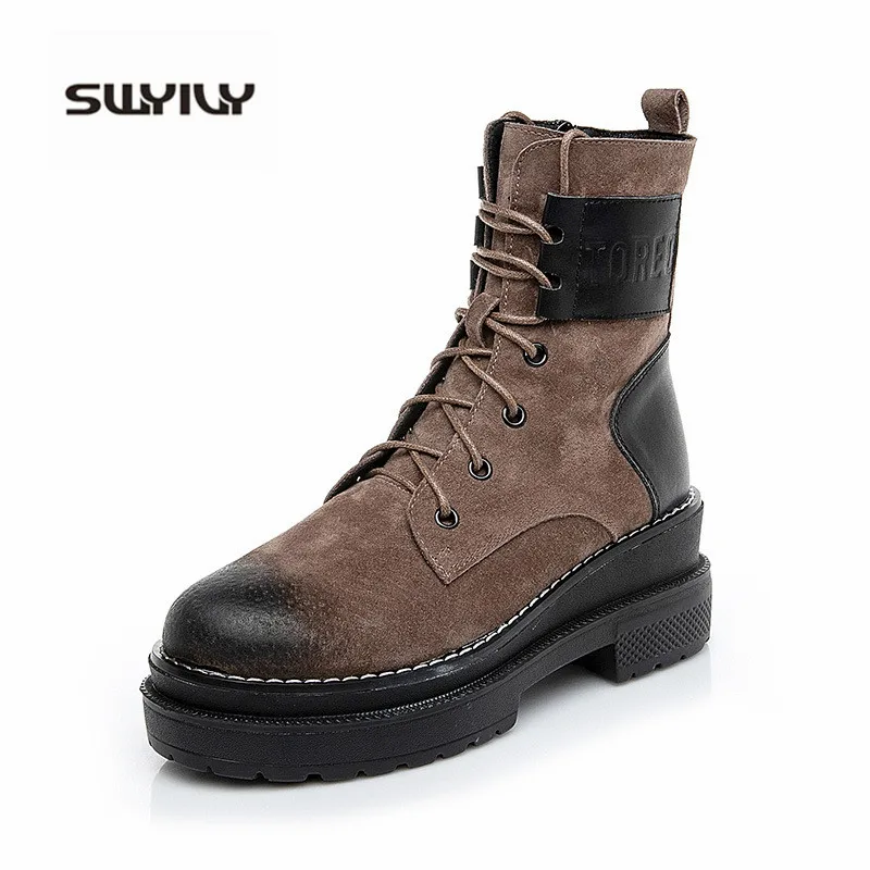 SWYIVY Women Ankle Boot Hot Autumn Shoes Genuine Leather Woman Shoes Martin Boots Platform Cowboy Boots For Women Zipper