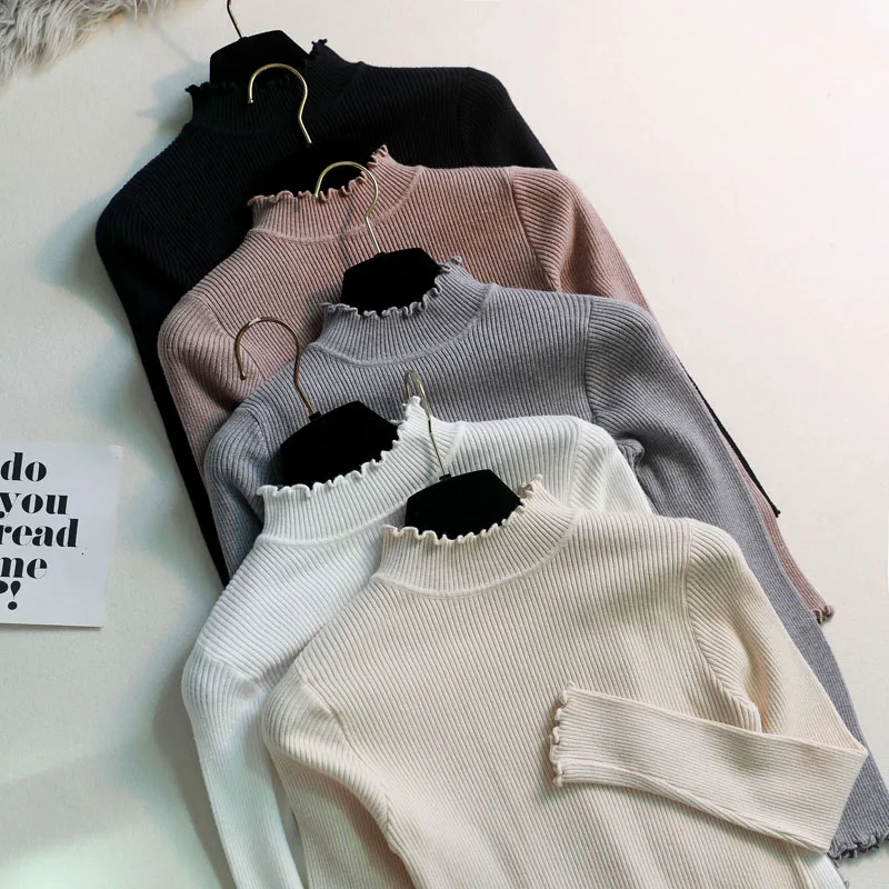 

cheap Turtleneck Solid Cotton Knitted Autumn winter ruffle Sweater Women Long Sleeve basic female Casual Slim Pullover Tops