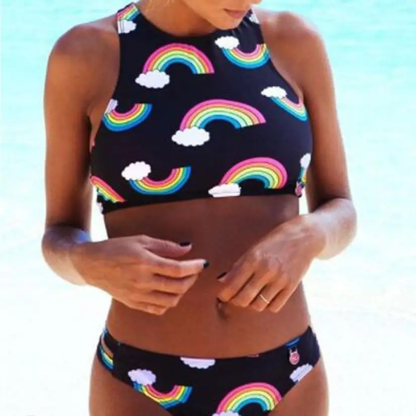 Sex Appeal Sexy Women Bikini Set Rainbow Printing Hang Neck Swimmer Push Up Swimsuit Professional Women's Swimming Suit Biquini