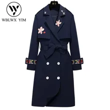 Осенний высококачественный длинный Тренч женский классический двубортный с вышивкой тонкая верхняя одежда женский модный Дизайн Тренч пальто