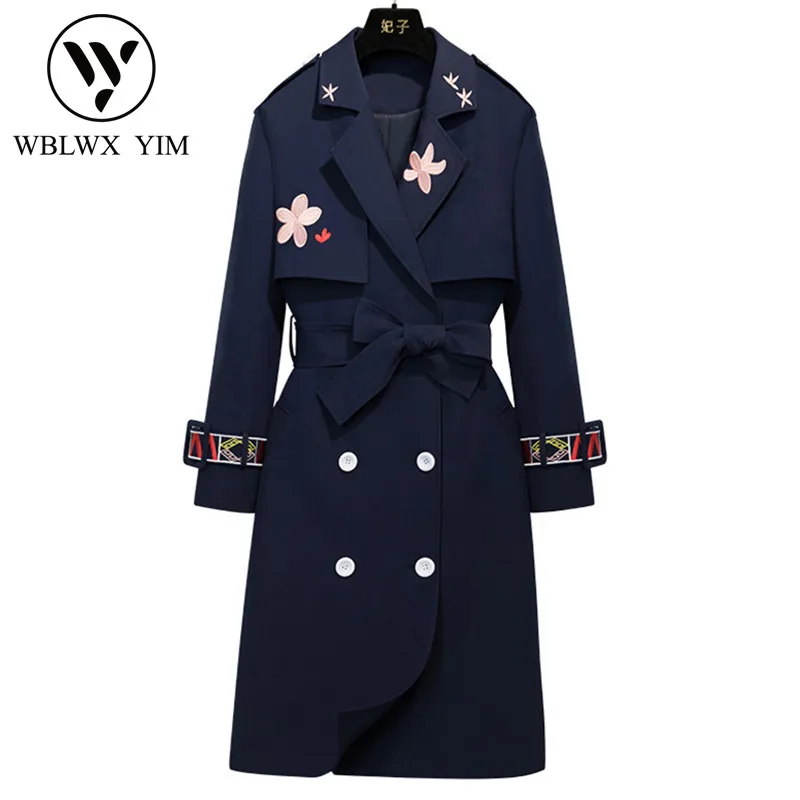 

Autumn New High end Long Trench coat women Classic Double Breasted Embroidery Slim Outerwear Female Fashion Design Trench coat