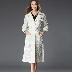 Модные белые кружевные Тренч для Для женщин 2018 осень дизайнеры поясом Длинный плащ Леди Элегантный зимняя верхняя одежда Casaco Feminino