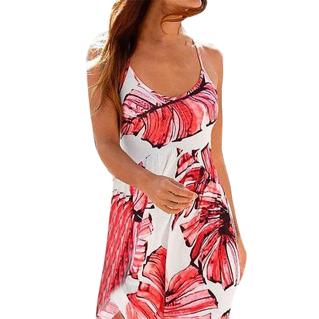 JAYCOSIN  Fashion Womens Camisole V-Neck Leaf Printing Sleeveless Mini Dress Party Dress  19MAR21
