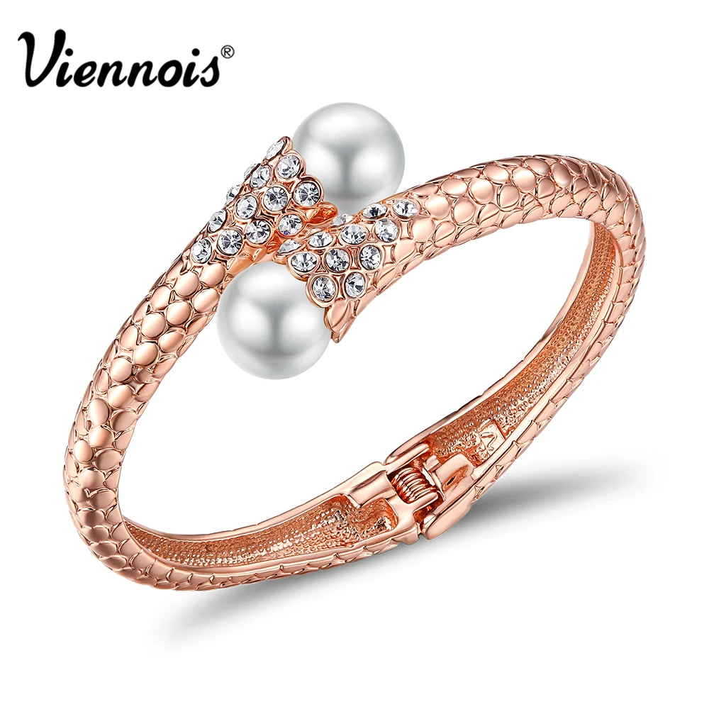 

Viennois New Rose Gold Color Women Bracelet & Bangles Round Simulated Pearl Bangles Rhinestone Snake Scale-like Party Jewelry