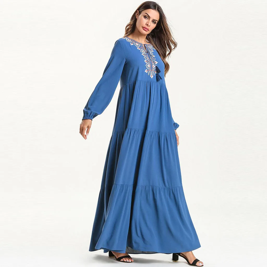 Горячая Мода мусульманское женское длинное Макси платье халат вышивка абайя исламский Дубай Кафтан Рамадан мусульманское платье новое поступление