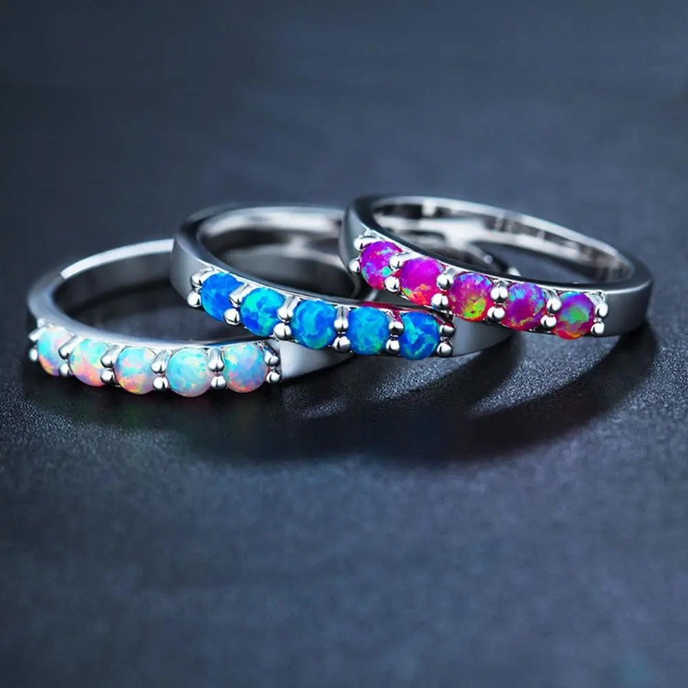 

1 Pcs Simple Ring Round White Pink Blue/white Fire Opal Rings for Women Trendy Engagement Wedding Jewelry Simple Opal Ring
