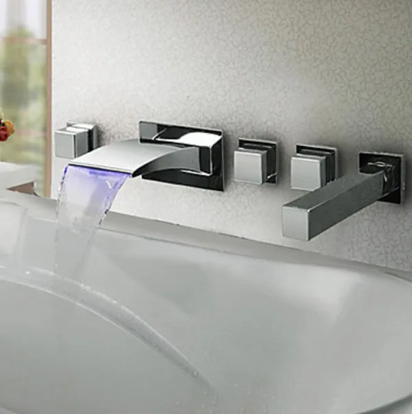Wall Mounted Thermochromic Chrome Finish LED Waterfall Bathroom Tub Faucet Mixer