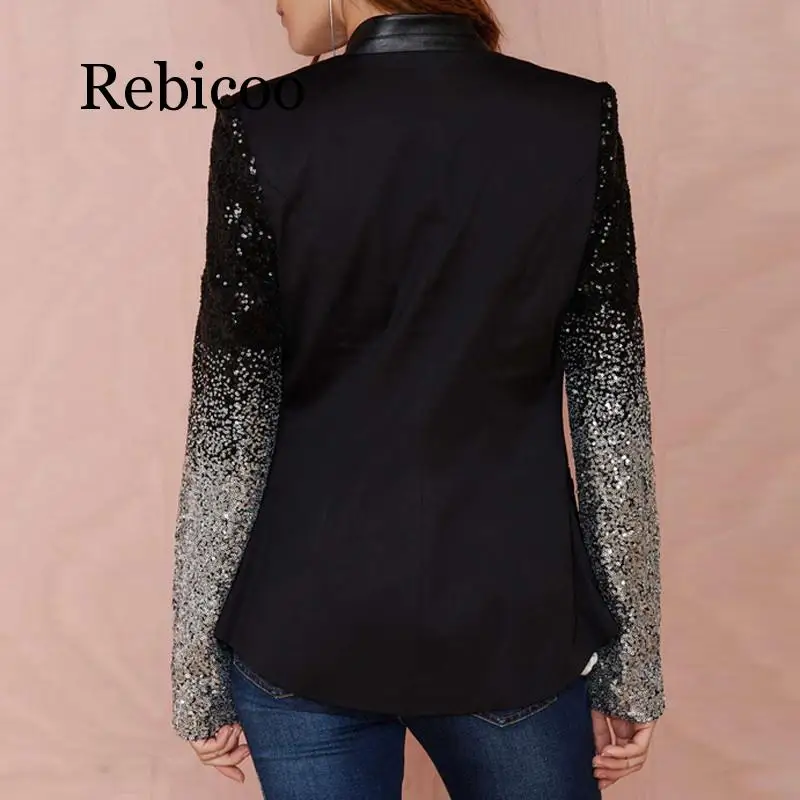 2019 Women Thin Jacket Coat Long Sleeve Lapel Coat Patchwork Bling Silver Black Sequin Elegant Work Blazers Suit feminino