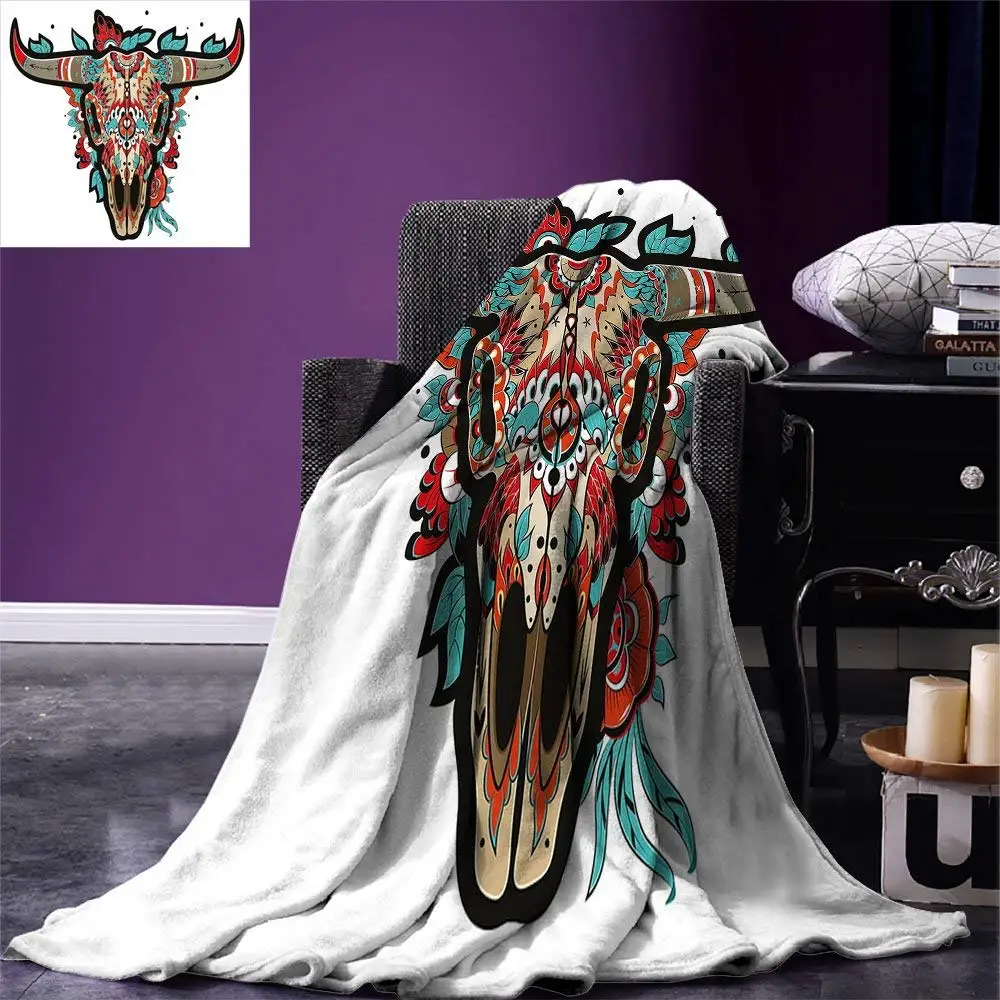 

Western Throw Blanket Buffalo Sugar Mexican Skull Colorful Ornate Design Horned Animal Trophy Warm Microfiber Blanket