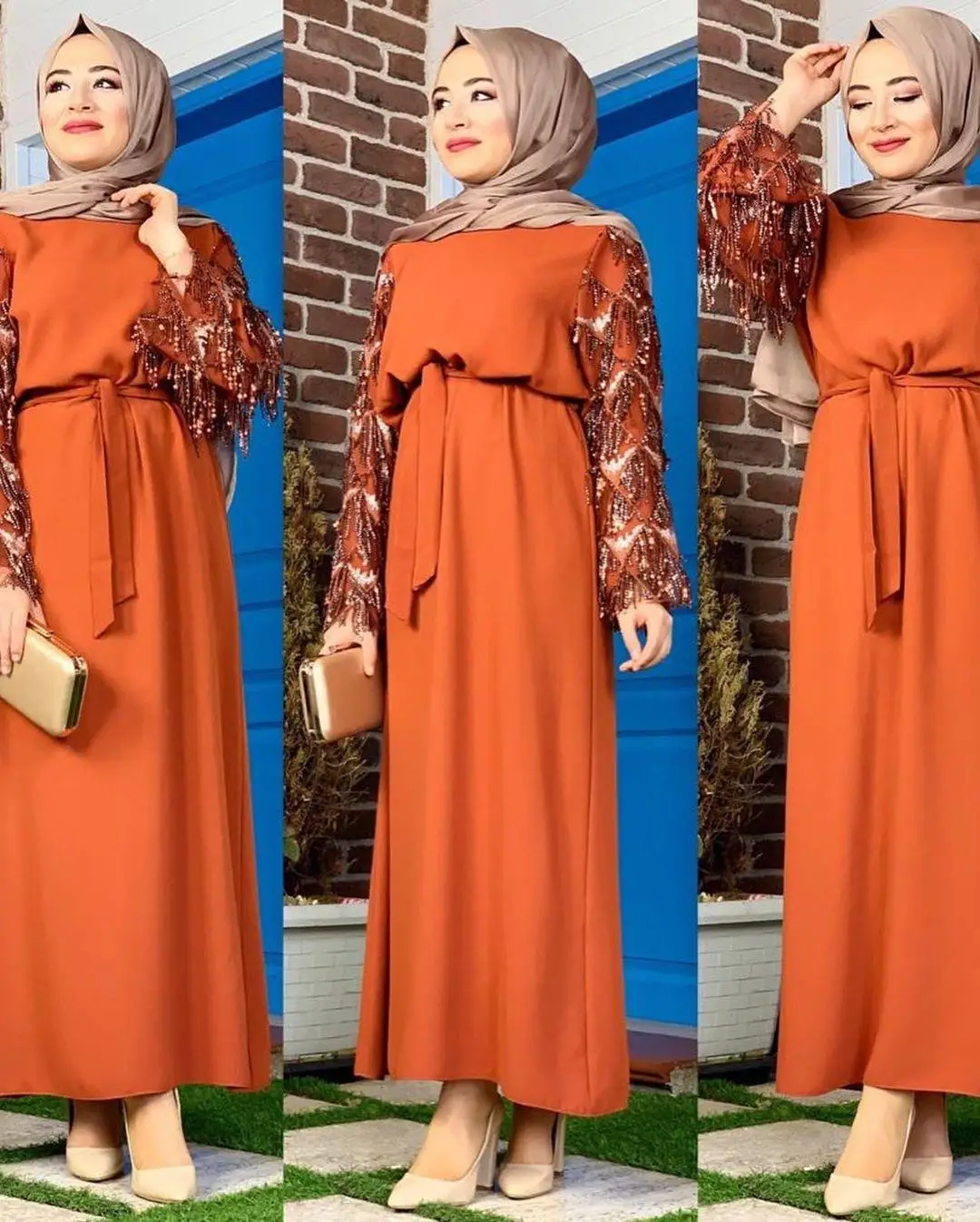 Новое Женское длинное платье с блестками и кисточками abaya Дубай мусульманское платье вечерние платья Арабский исламский костюм Молитвенное платье хиджаб пояс платье - Цвет: Оранжевый