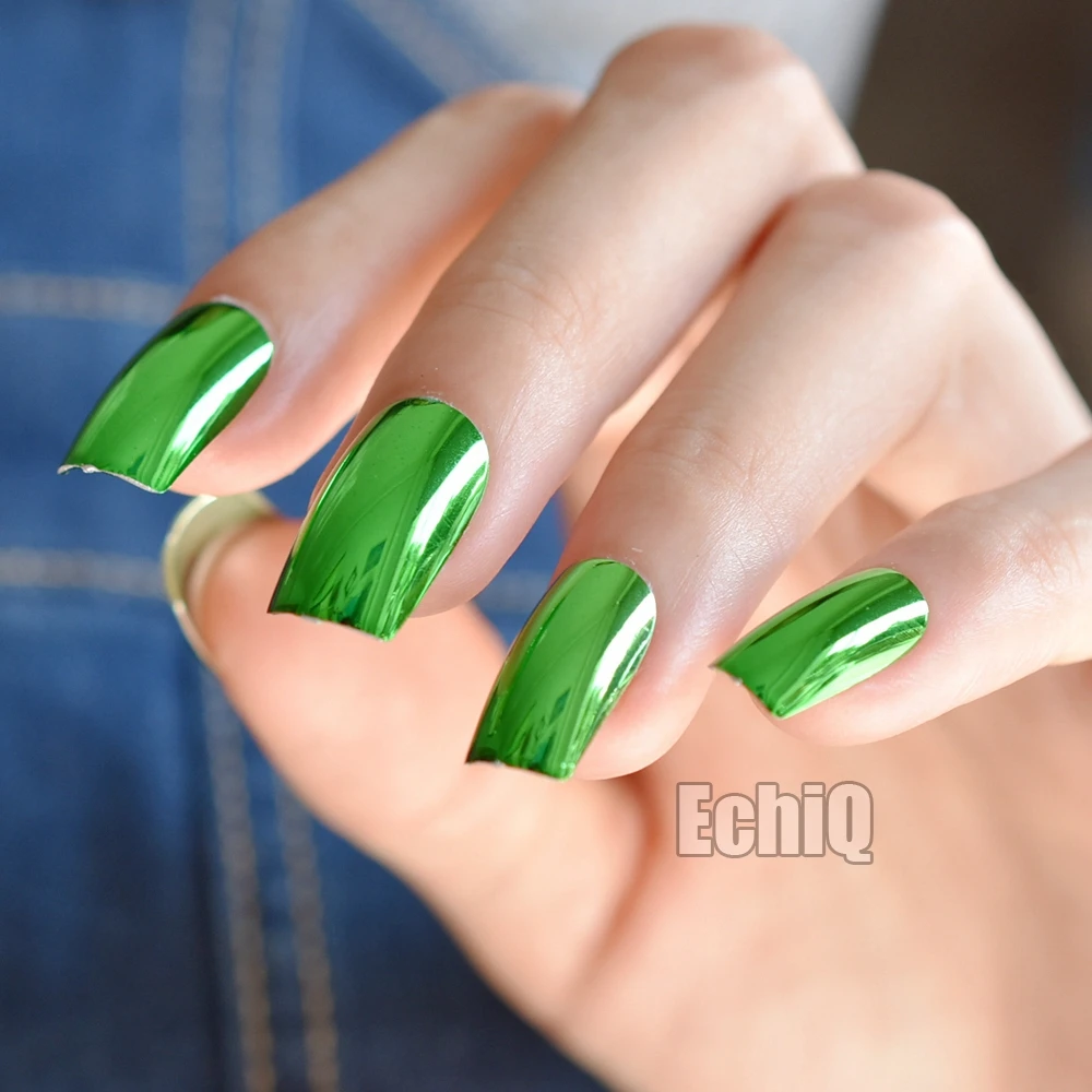 24pcs Green Mirror Acrylic Nails Metallic Long Size Faux Ongles Flat