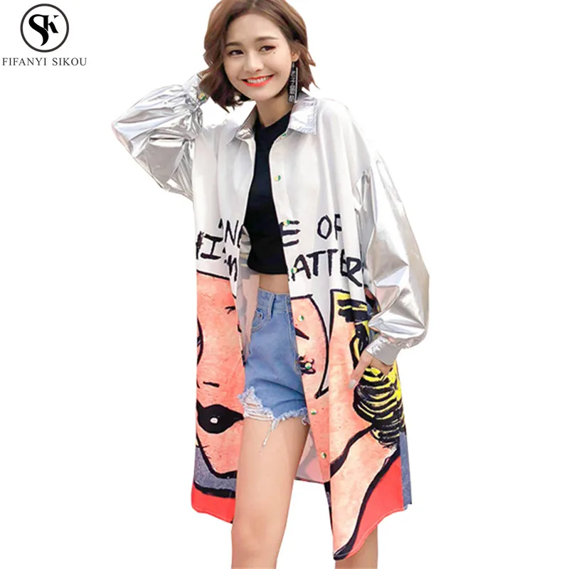 

Spring Summer New cartoon printing Long Coat Women Loose Plus size Fashion Street Jacket Female clothes Silver Coats LGP311