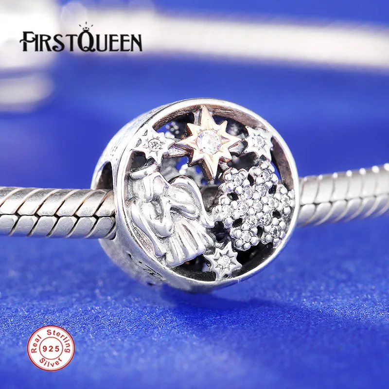 

FirstQueen 925 Silver Celestial Wonders Charm Crystal Gold Beads Fits bangle bracelet silver 925 original berloque fine jewelry