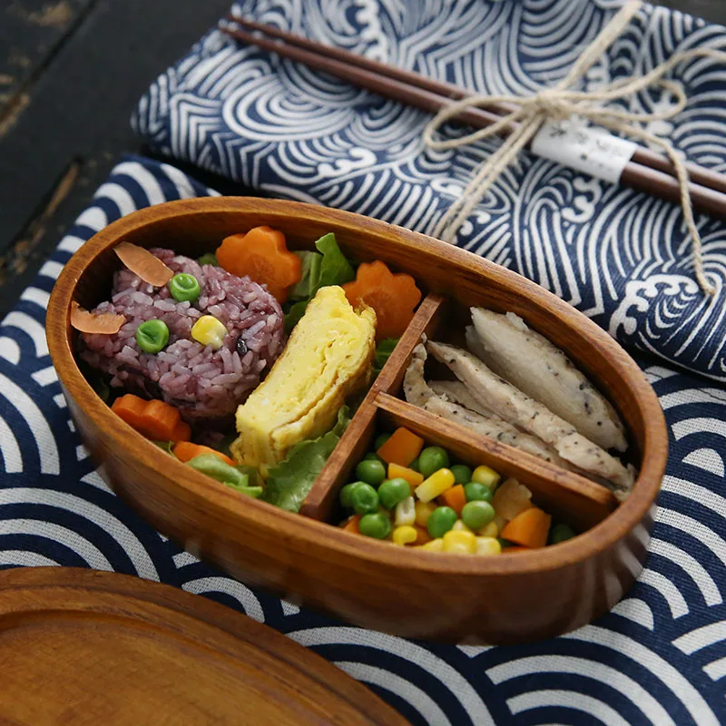 Oval Wood Lunch Box Japanese Handmade Sushi Bento LunchBox with Divider