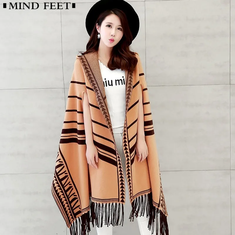 ^*Best Offers MIND FEET Women Loose Knitted Cardigan Thick Shawl Bat Sleeve 2018 Autumn Winter New Tassel Shawl Cloak Jacket Female