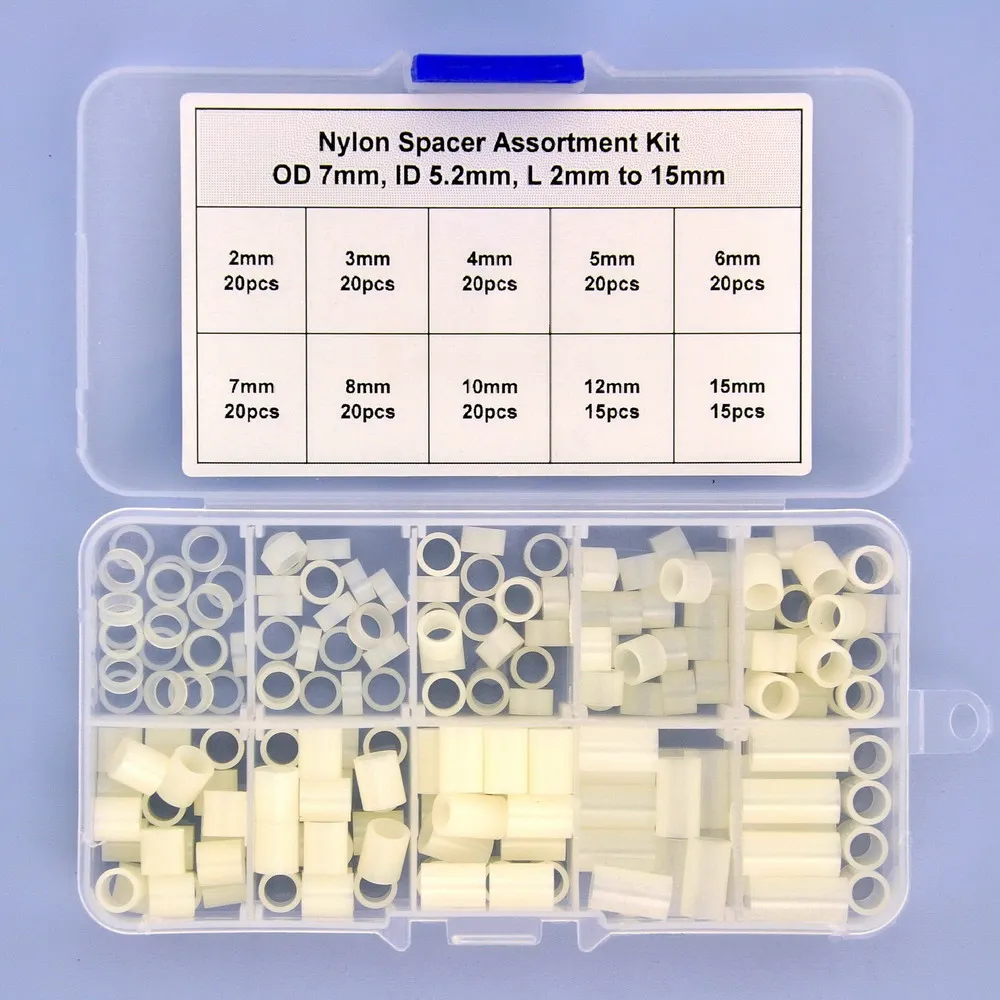 Nylon PA66 Round Spacer Assortment Kit. OD 7mm, ID 5.2mm, L 2 to 15mm