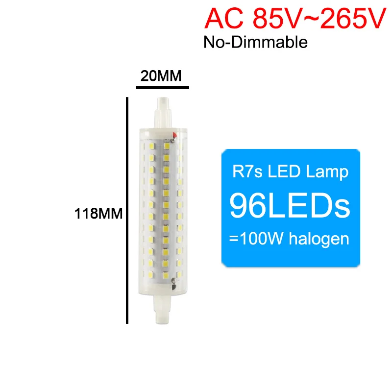 СВЕТОДИОДНЫЙ R7S лампа AC 85-265 в J78 J118 J135 светодиодный светильник с регулируемой яркостью 78 мм 118 мм 189 мм Замена галогенов 50 Вт прожектор точечный светильник - Испускаемый цвет: 96LEDs AC85v-265v